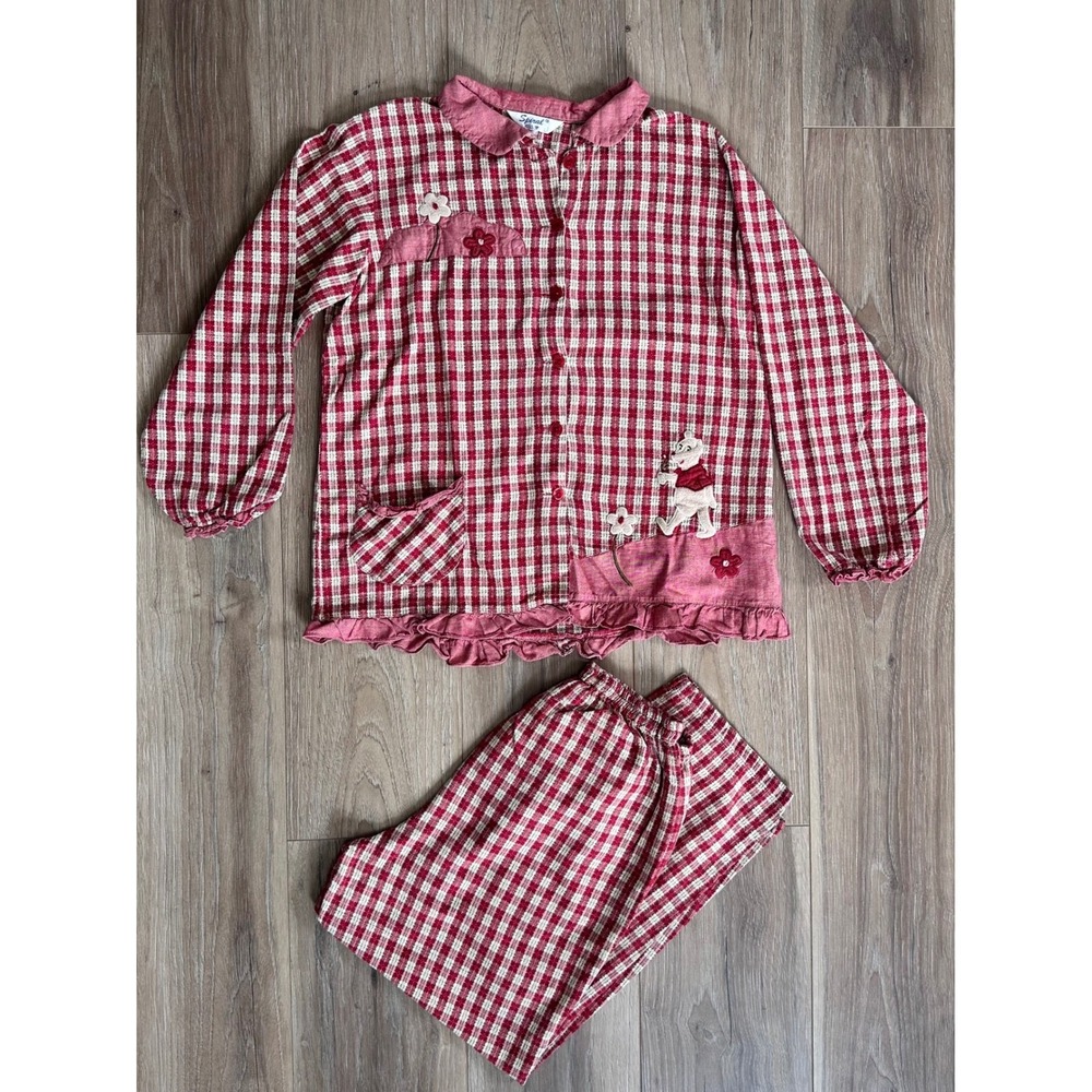 Vintage Red Gingham Floral & Bear Pajama Set L Cottagecore Retro Grandma Prairie